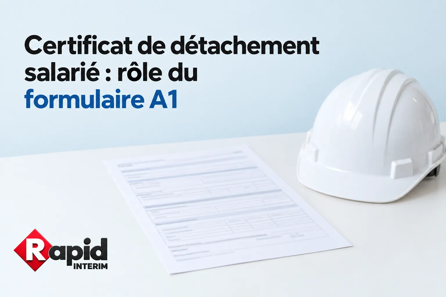 Formulaire A1 et un casque de sécurité posés sur une table avec un document imprimé devant.