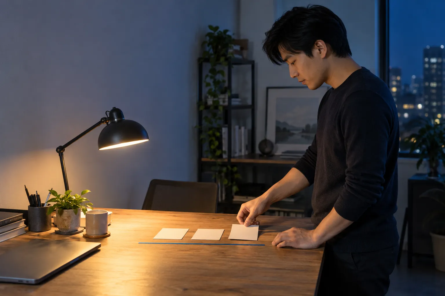 Un homme debout près d'un bureau, posant des post-it alignés sur une bande, dans une pièce éclairée par une lampe de bureau.