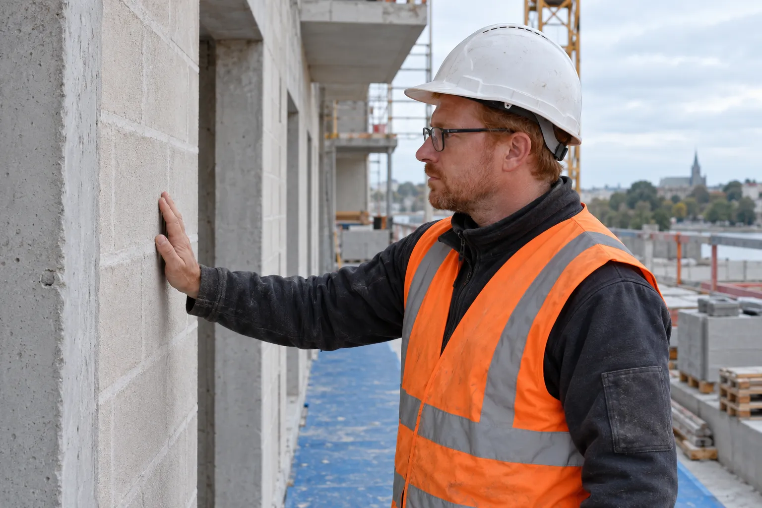 Un homme portant casque et gilet orange réfléchissant appuie une main contre un mur de construction.