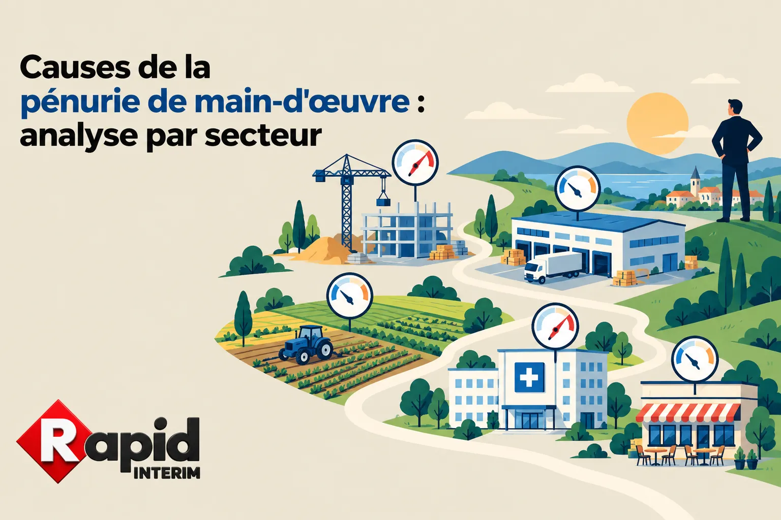 Une illustration montre un paysage professionnel avec des bâtiments, panneaux et icônes de vitesse sur divers sites