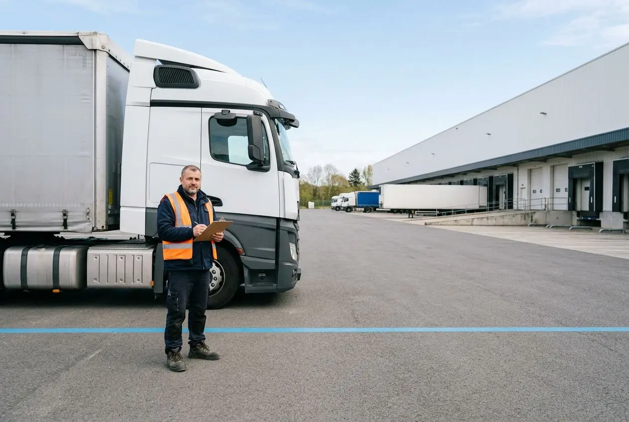 Intérimaires roumains transport : agent logistique devant un camion dans une zone de quai, prêt pour la distribution.