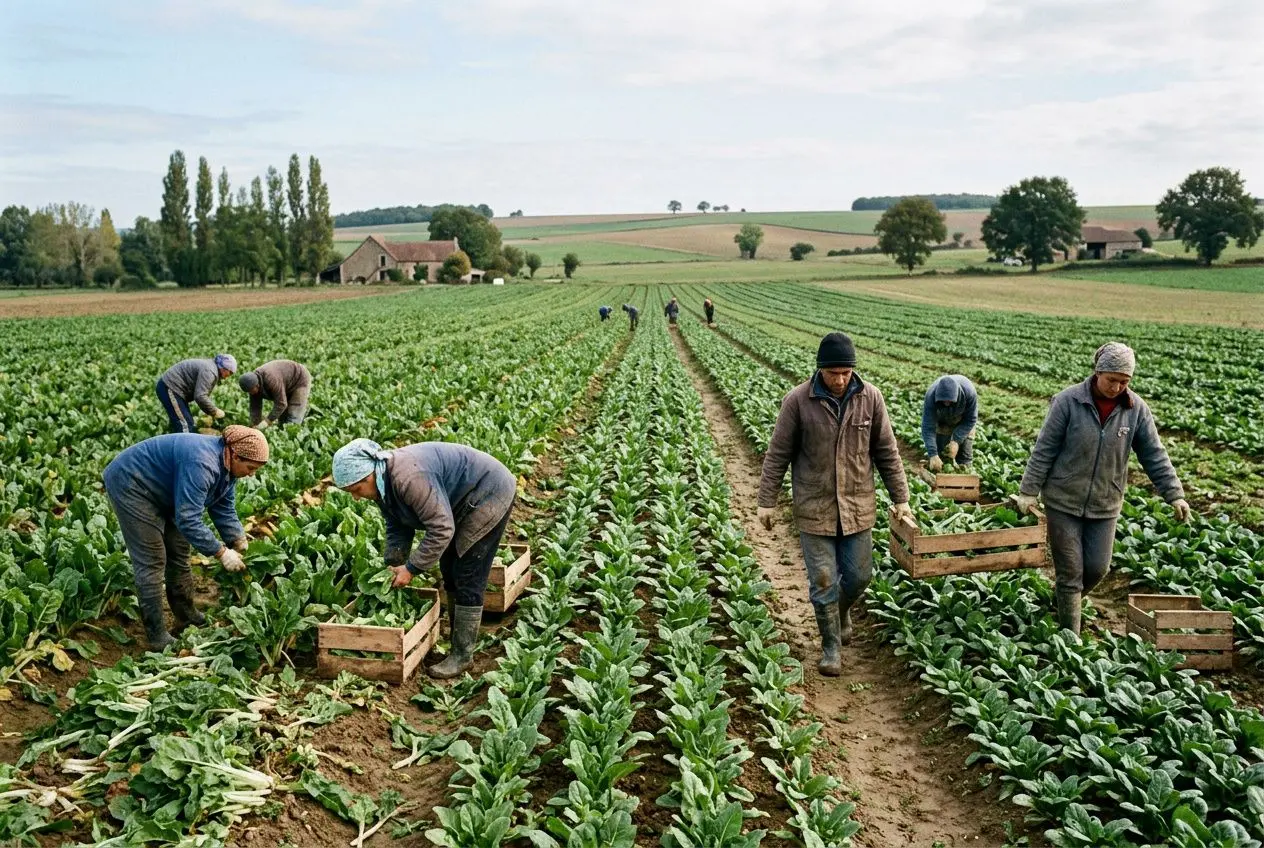 OWIERS et techniciens agricoles roumains travaillant dans un champ, récolte de légumes en rangs, devant une ferme rurale. Intègre le mot-clé: recrutement agriculture roumanie rapide.