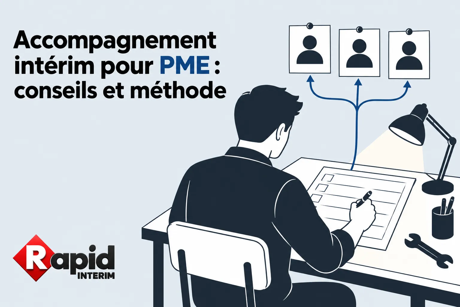 Personne assise à un bureau en train de travailler sur une fiche, avec des photos en amont et une lampe de bureau.