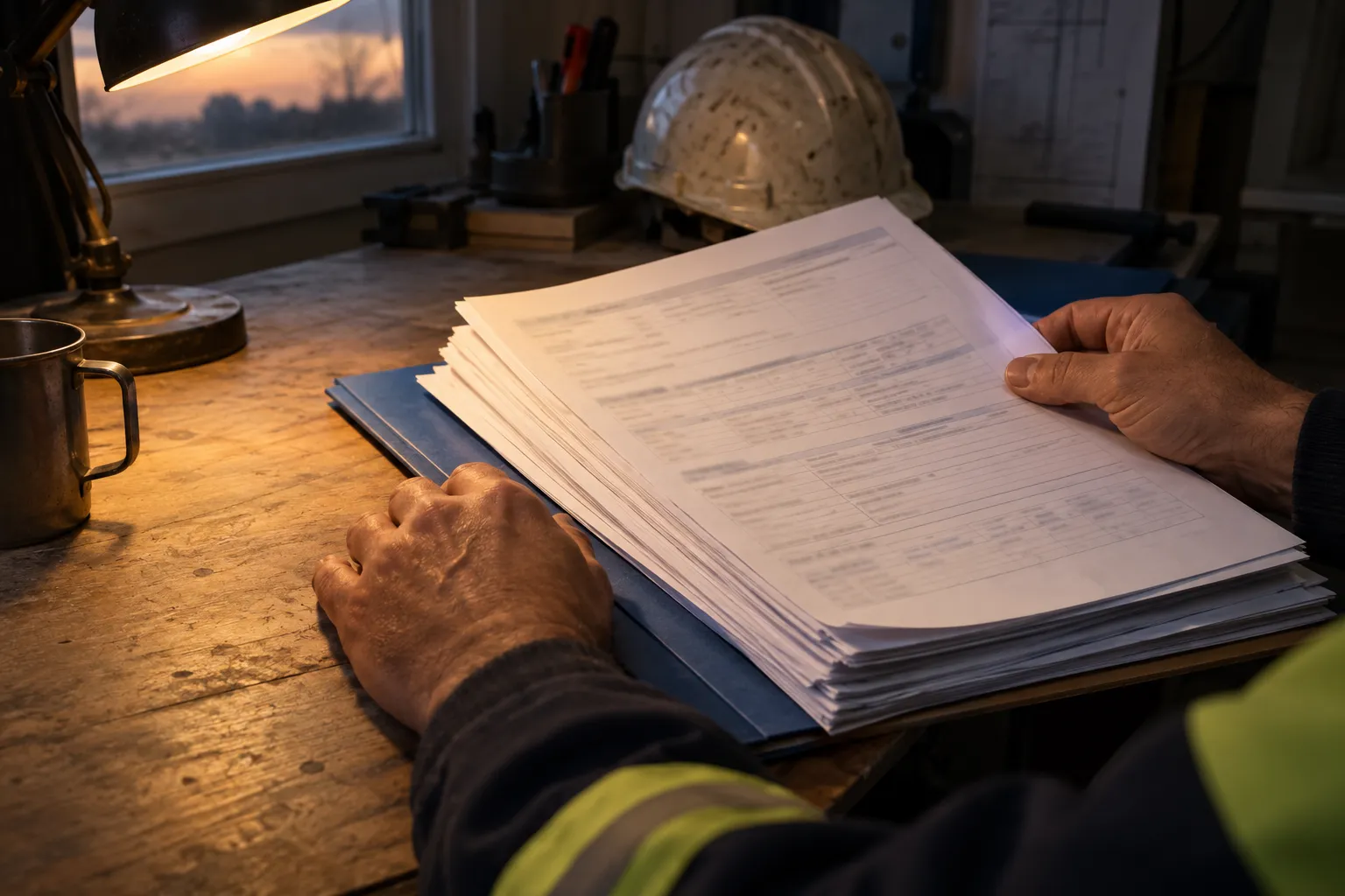 Une personne manipule des documents empilés sur un bureau éclairé par une lampe.