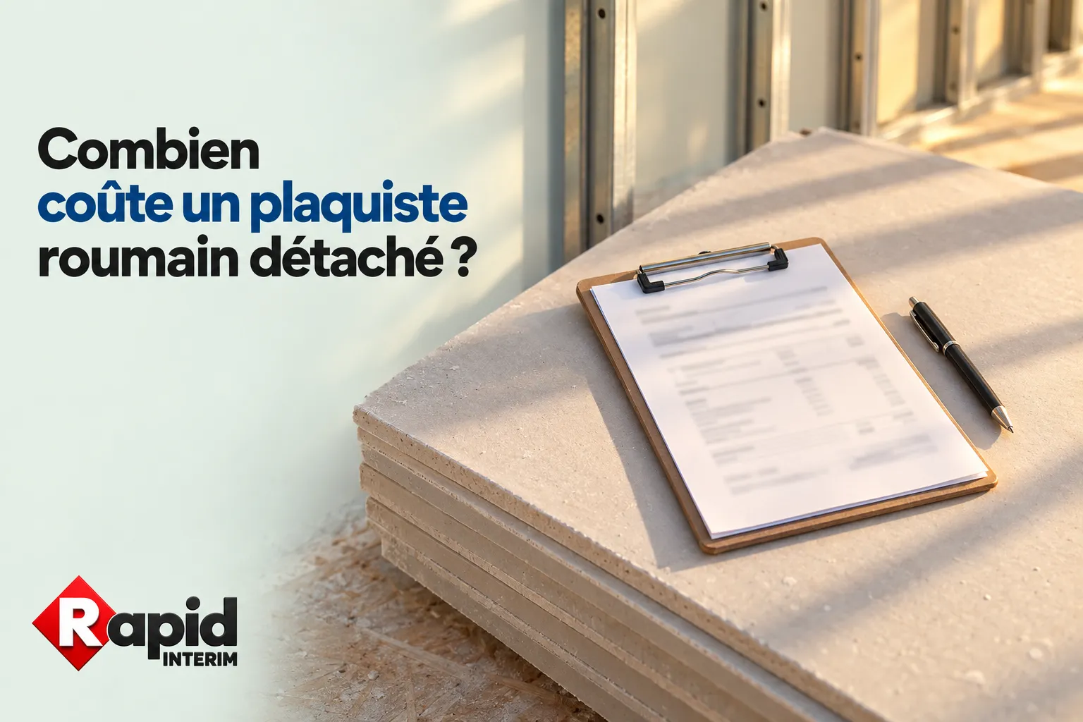 Une planche de plâtre et un mur en construction avec un carnet et un stylo sur une tablette au premier plan.