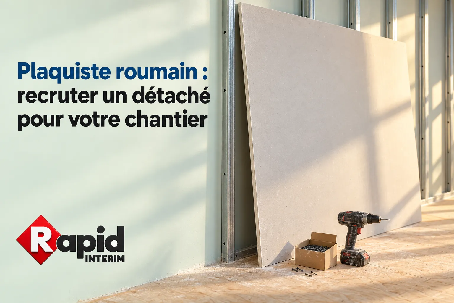 Plaquiste en chantier posant une plaque de plâtre à côté d’une perceuse et d’un petit matériel.