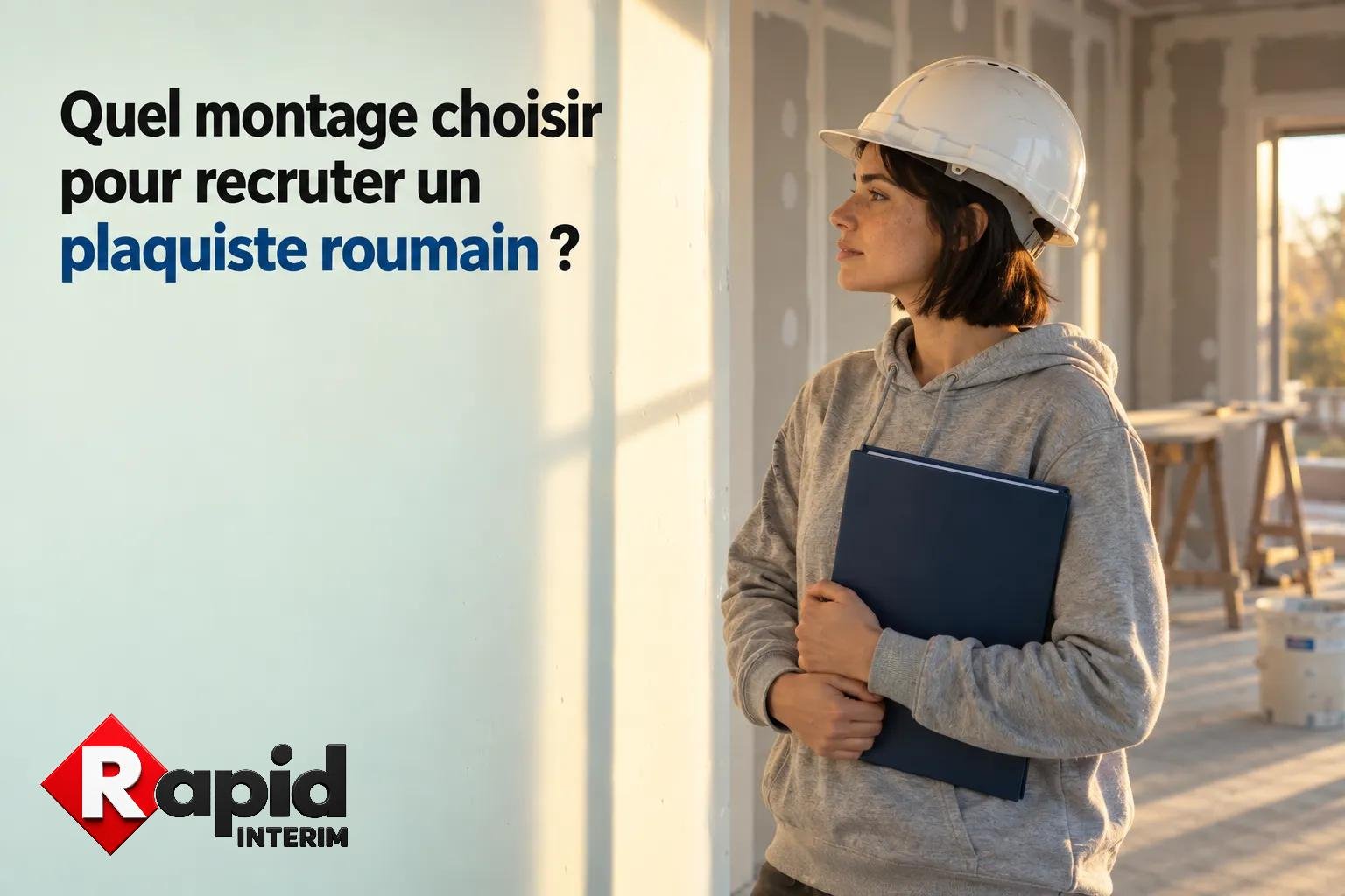 Un plaquiste roumain porte un casque et tient un classeur bleu dans un chantier de construction.