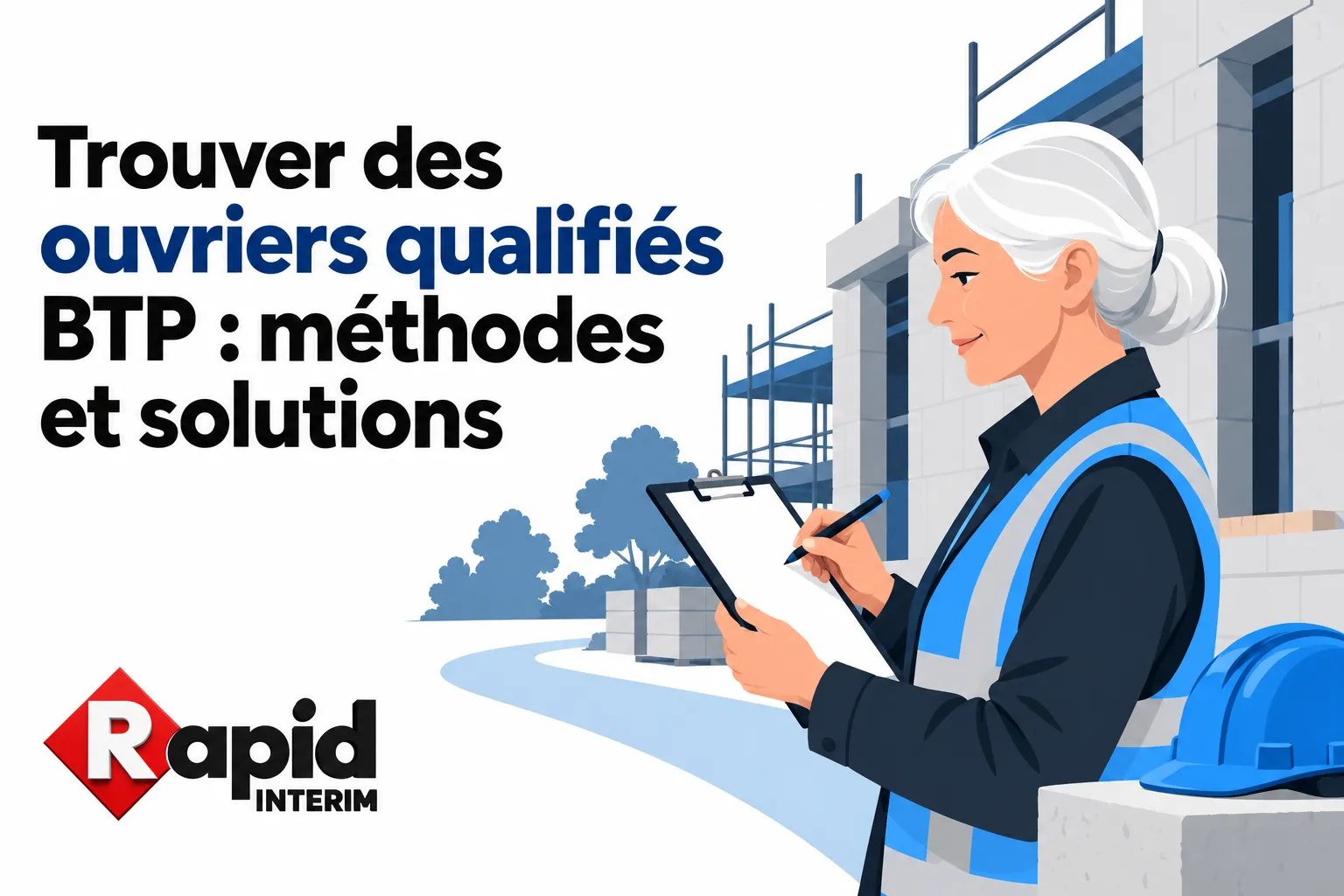 Une professionnelle du bâtiment prend des notes sur un chantier, un casque de protection posé à côté d’elle.
