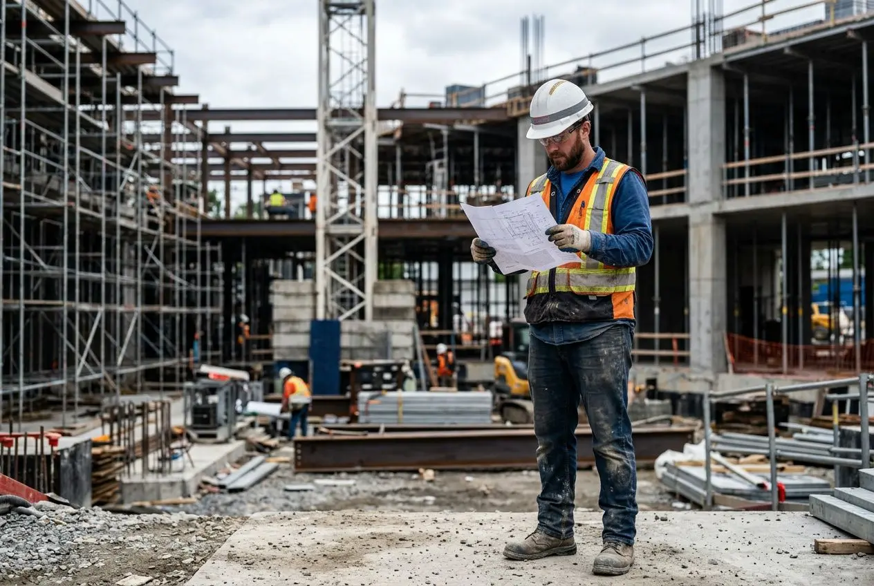 Salarié détaché en France par une entreprise étrangère sur un chantier: homme en casque et gilet réfléchissant lit des plans au milieu d’une construction.