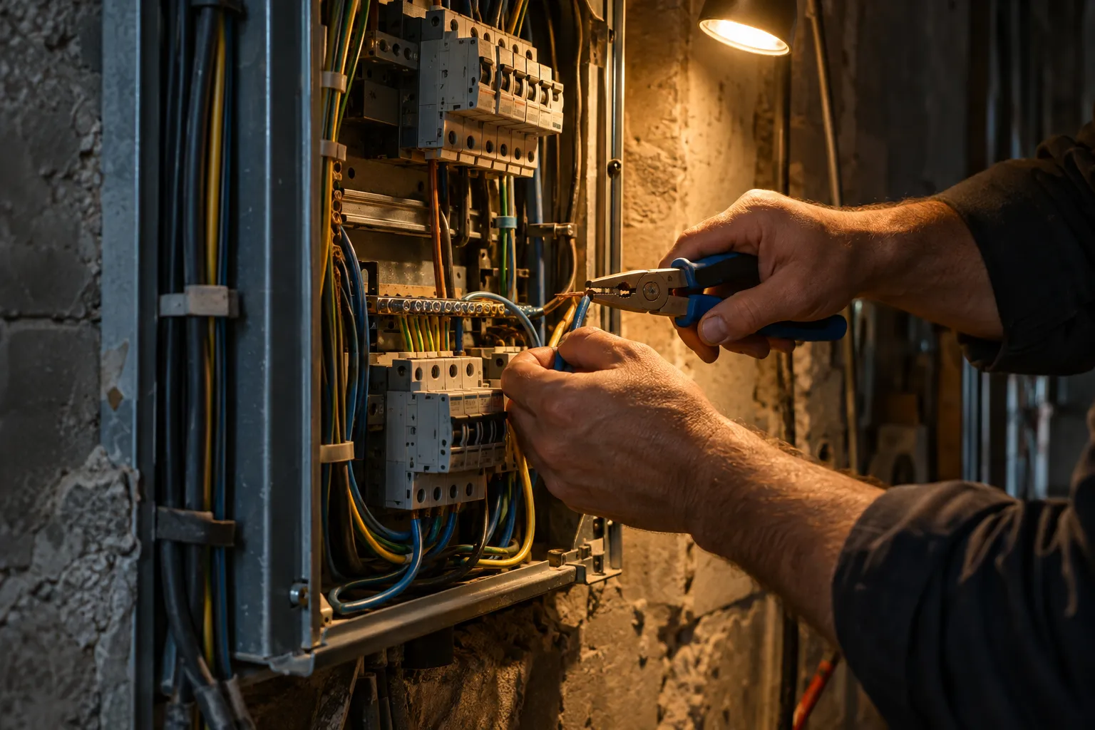 Travail d’un électricien en intérieur sur un tableau électrique, câbles et outils à la main, lumière chaude. compétences électricien cv intégrée naturellement.
