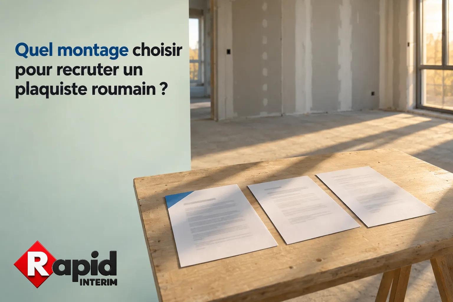 Trois feuilles de contrat posées sur une table en bois dans un espace de chantier lumineux.