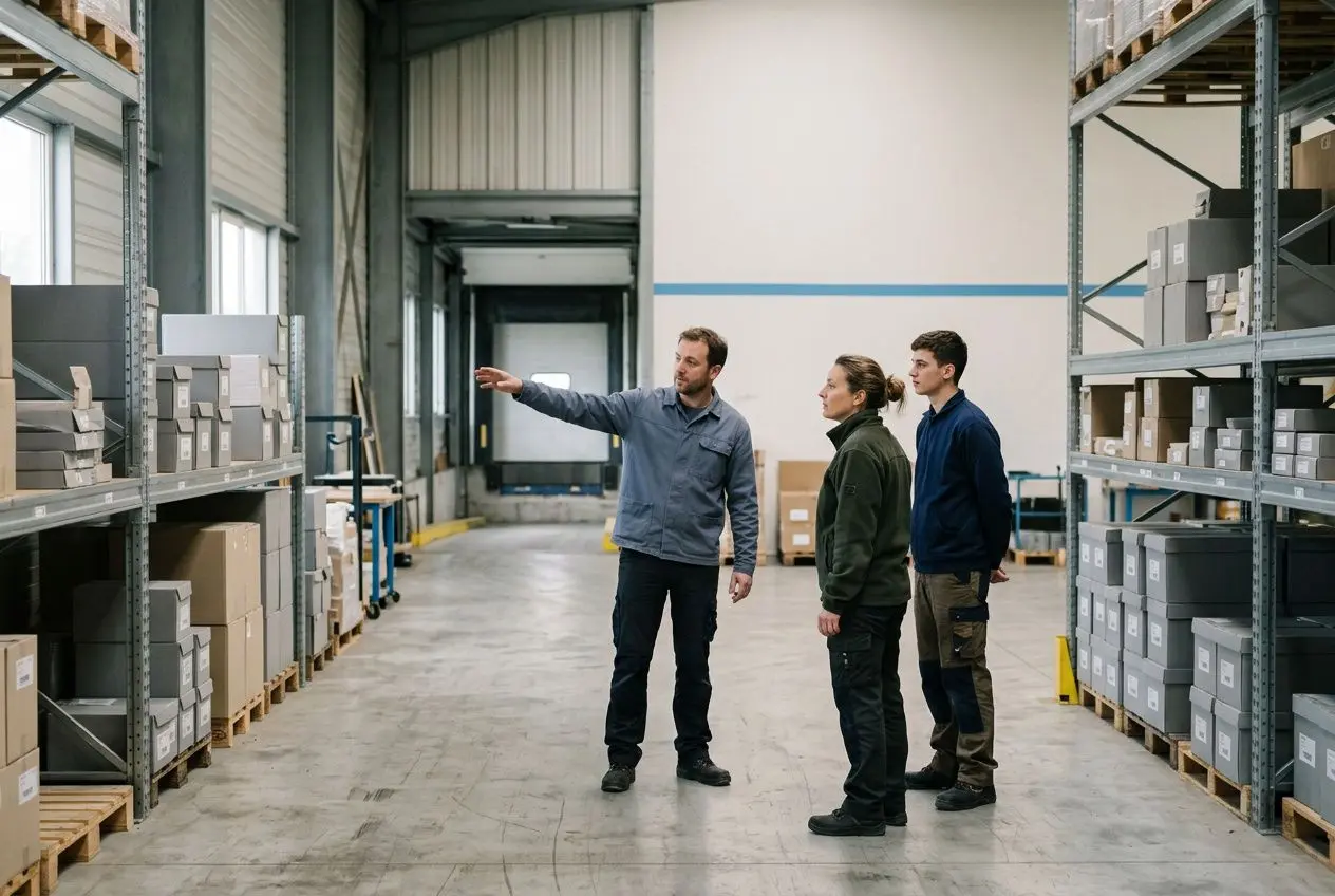 Trois intérimaires dans un entrepôt de distribution, l’un pointe une zone et discute avec les deux autres.