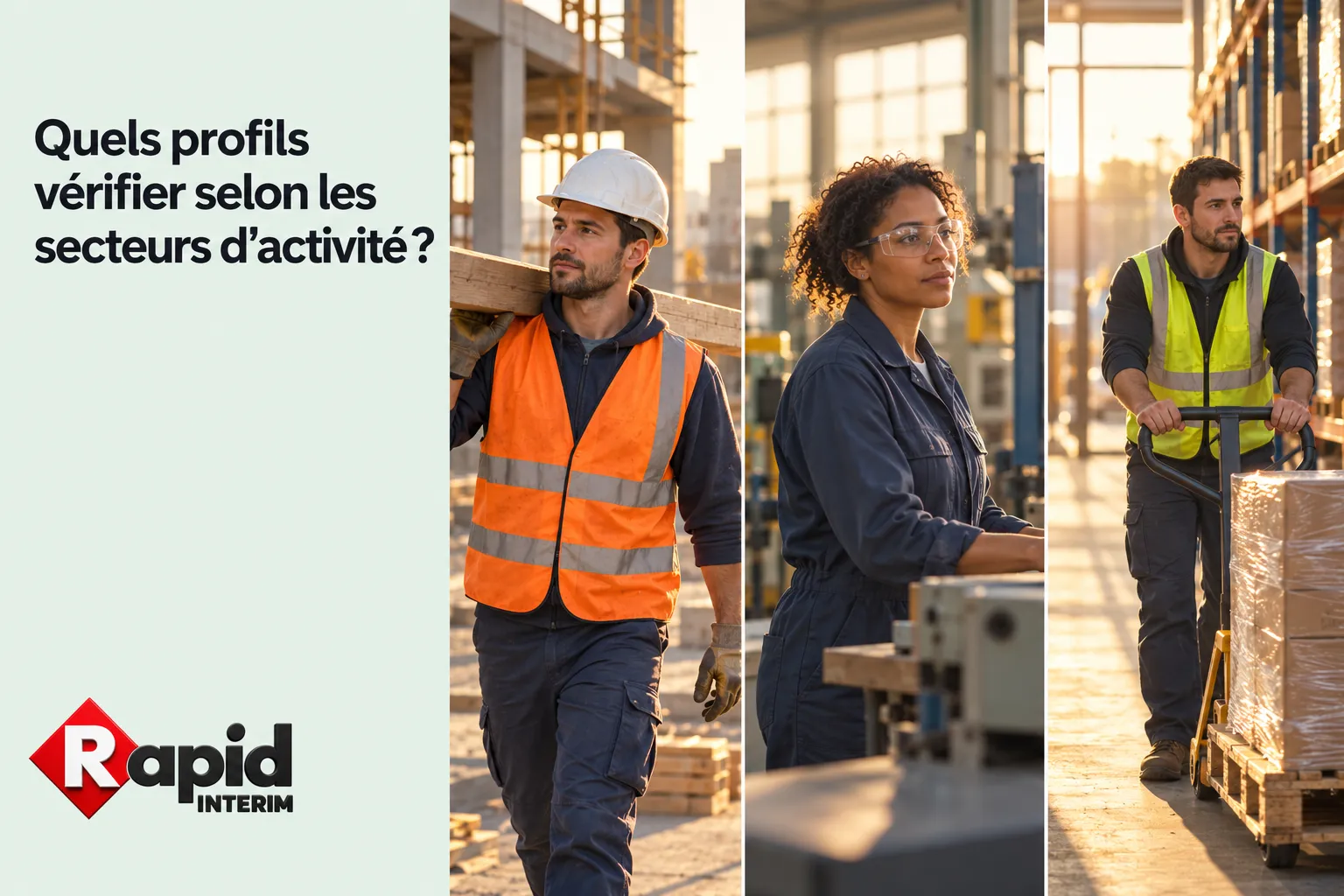 Trois travailleurs en atelier portent des tenues de sécurité et évoluent dans un espace industriel.